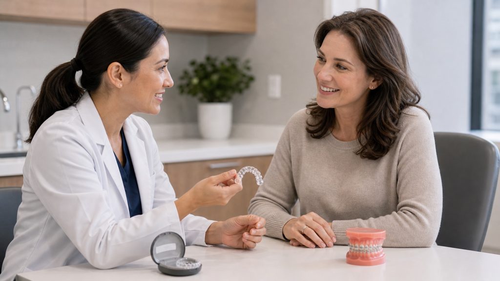 Adult patient discussing braces and aligner options with a dentist