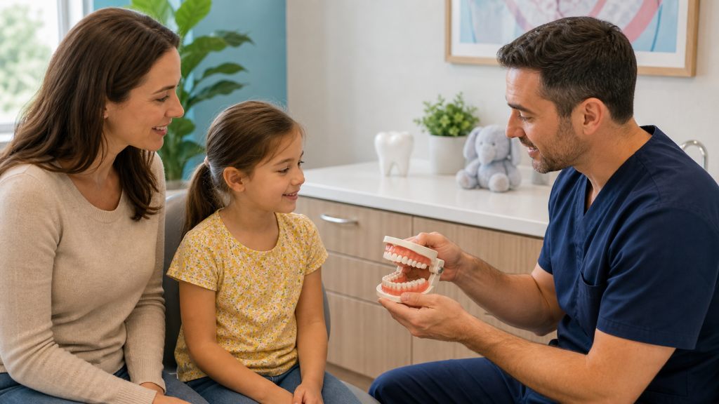 Parent and child discussing orthodontic evaluation with a dentist
