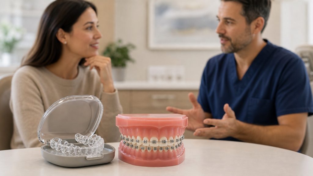 Clear aligner tray and braces model shown side by side