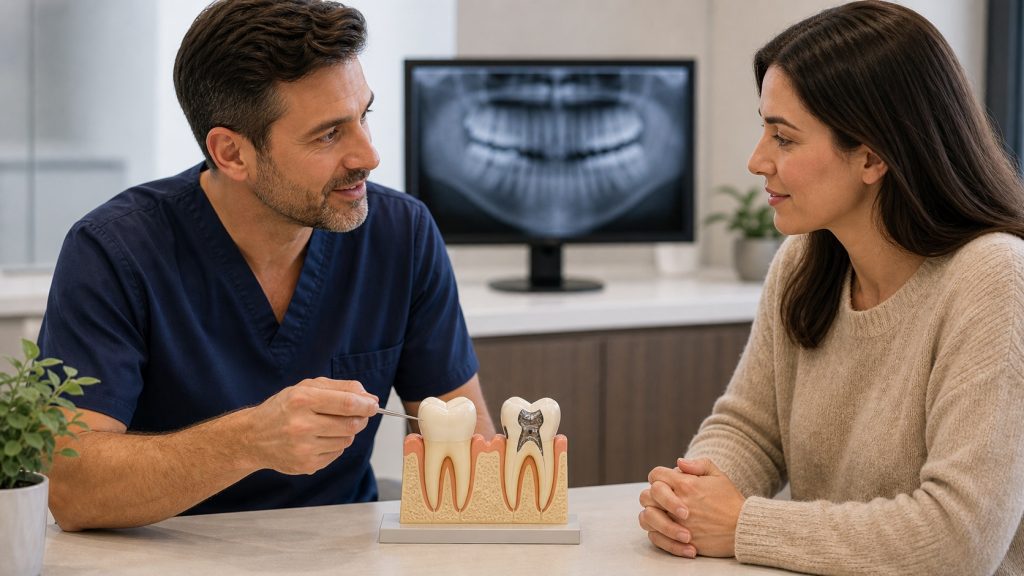 Dentist explaining crown and filling options with a tooth model