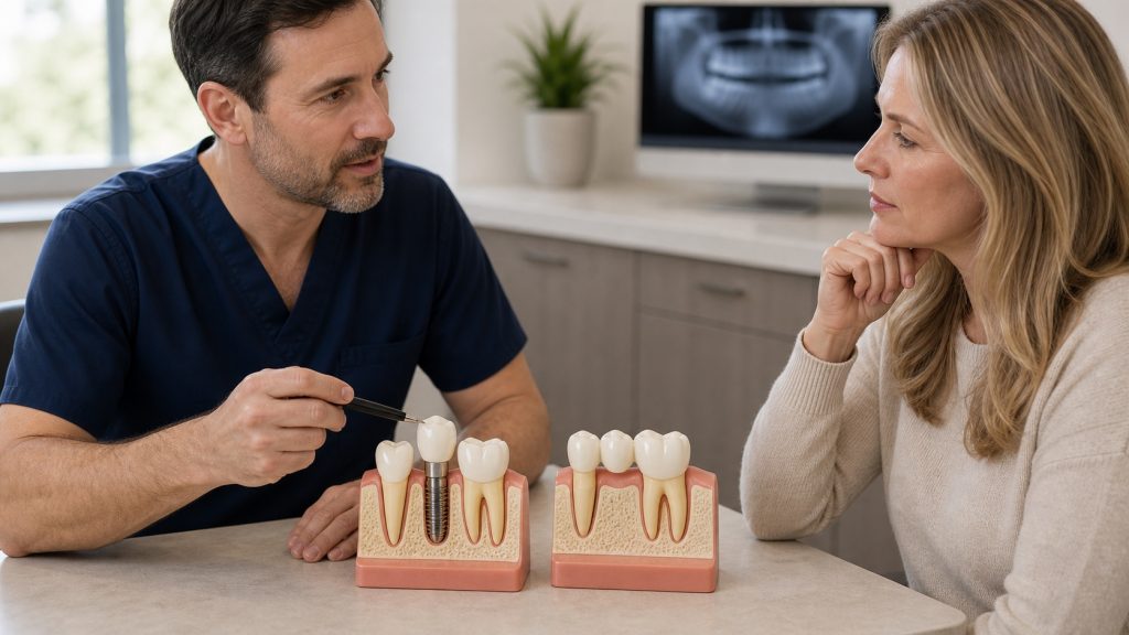 Dental implant and bridge models compared in a consultation