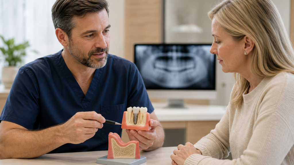 Dentist explaining implant planning with a jawbone model