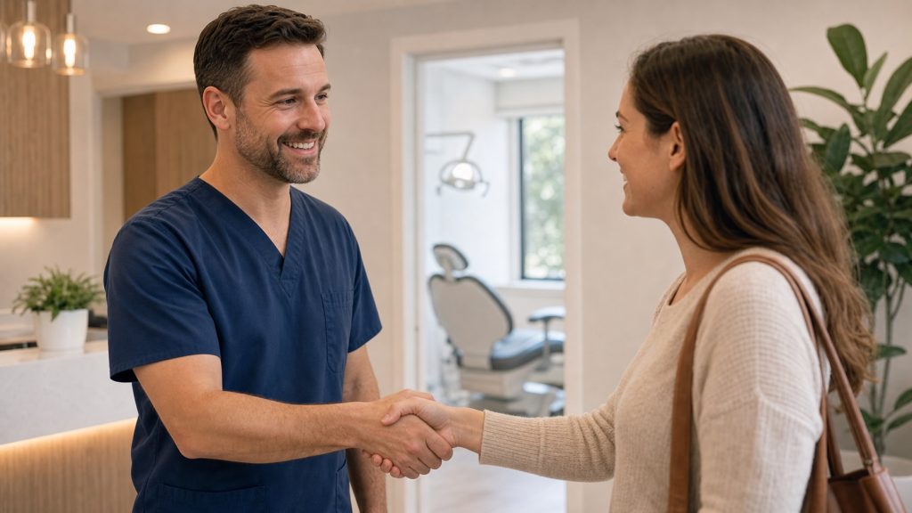 Friendly dentist welcoming a returning patient in a modern dental office