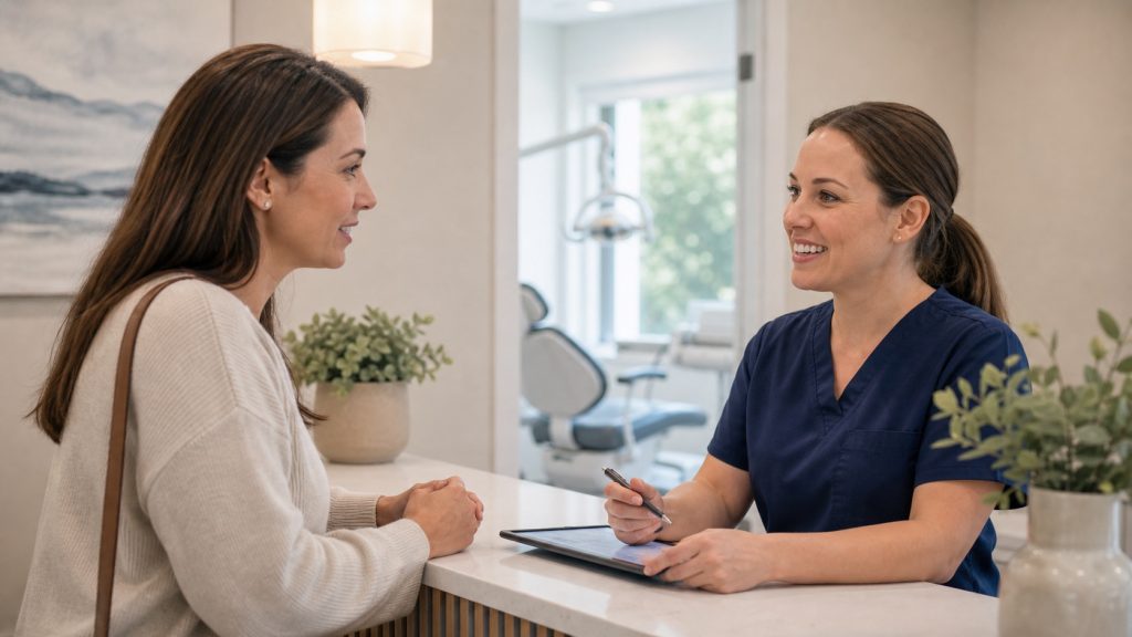 Patient scheduling a routine dental checkup with a dental team member