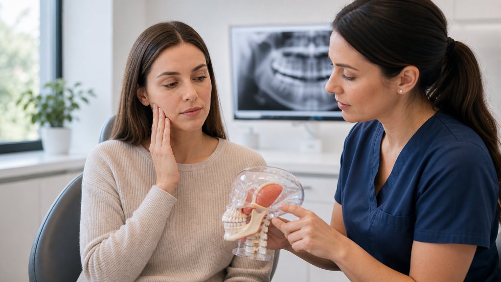 Dental patient discussing jaw pain and headaches with a dentist