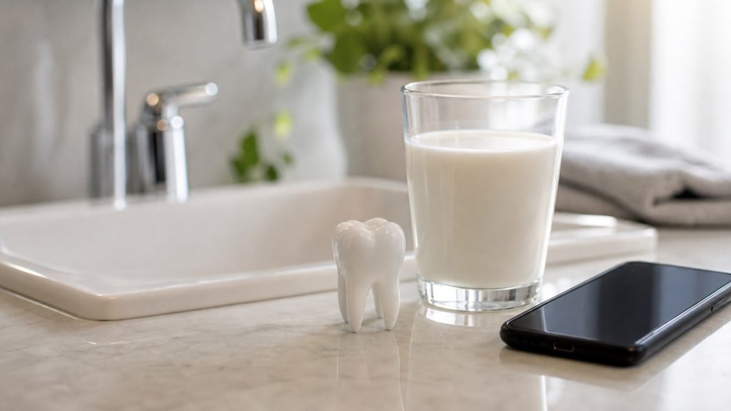 Dental emergency still life with tooth model, glass of milk, and phone