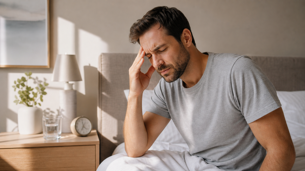 Person waking with a morning headache in a softly lit bedroom