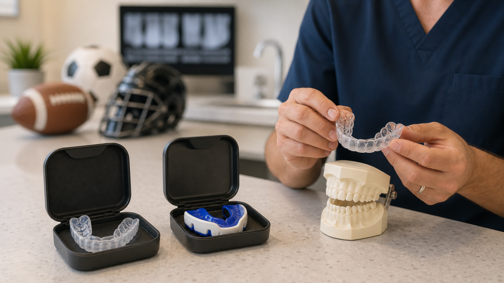 Custom night guard and sports mouth guard displayed in a dental office