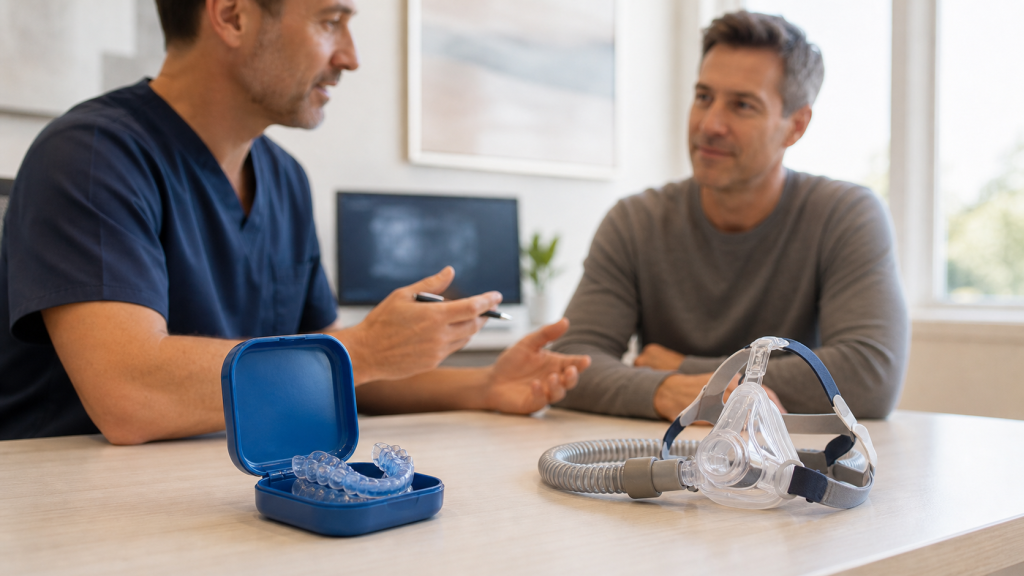 Oral appliance and CPAP treatment options in a dental consultation