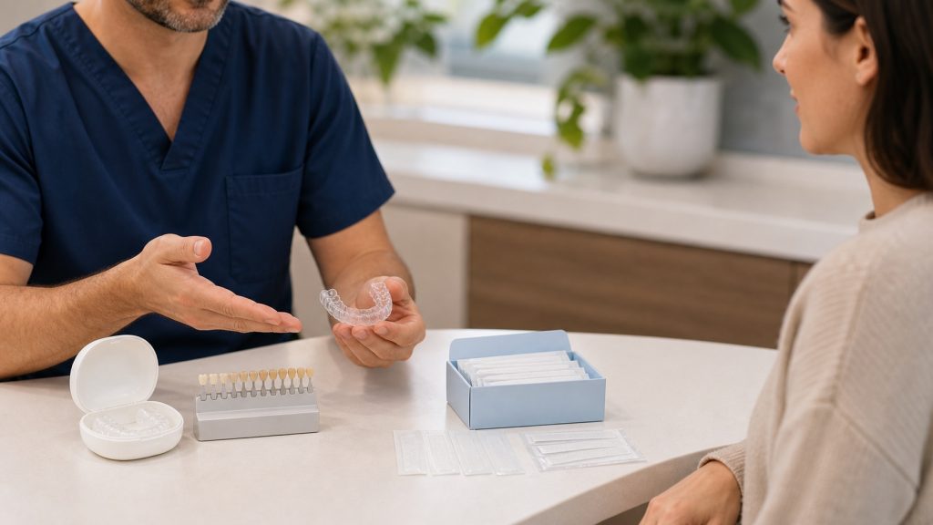 Professional whitening tray compared with generic whitening strips