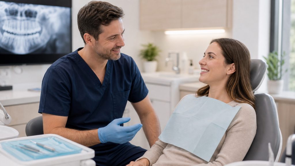 Dentist reassuring a relaxed patient before root canal treatment