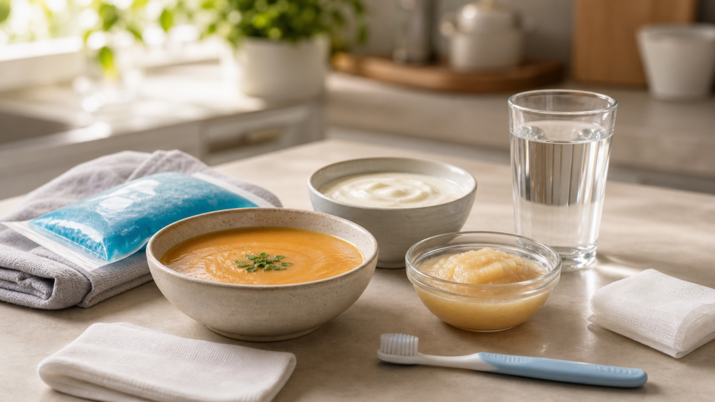 Soft foods and water arranged for tooth extraction aftercare