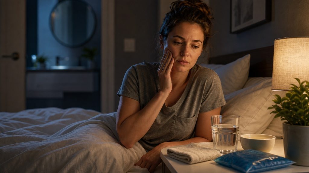 Adult with a nighttime toothache sitting beside water and comfort items