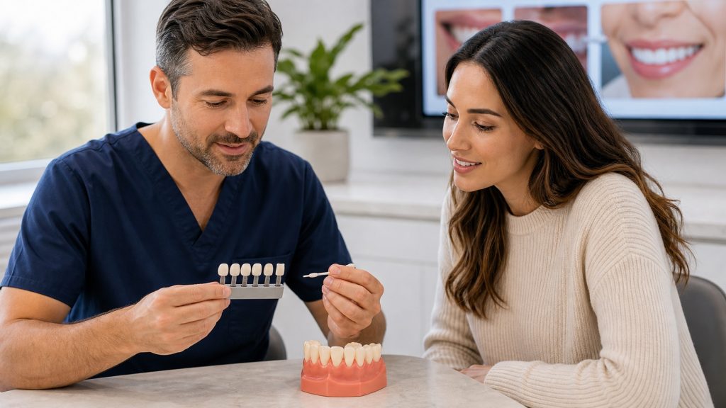 Veneer samples and bonding shade materials in a cosmetic dental consultation