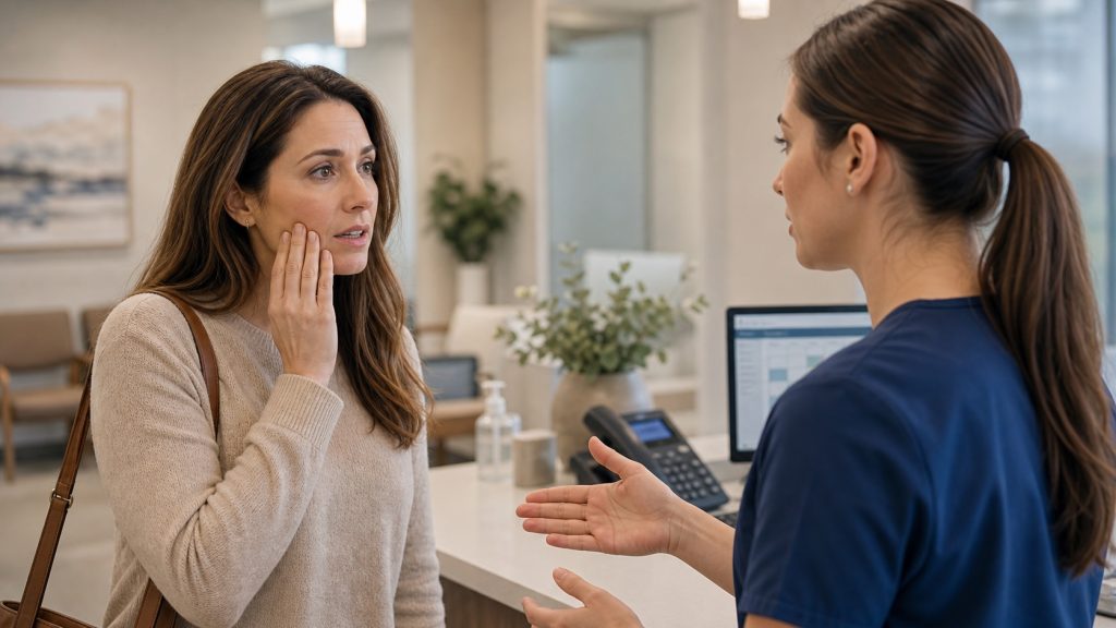 Concerned patient discussing a possible dental emergency with dental staff