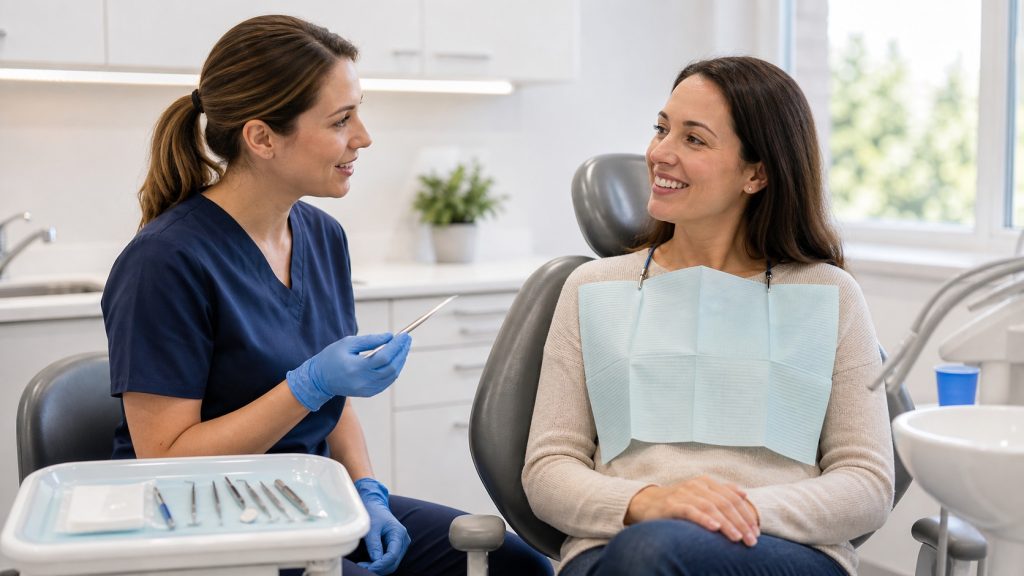 Dental hygienist preparing for a routine cleaning with a relaxed patient